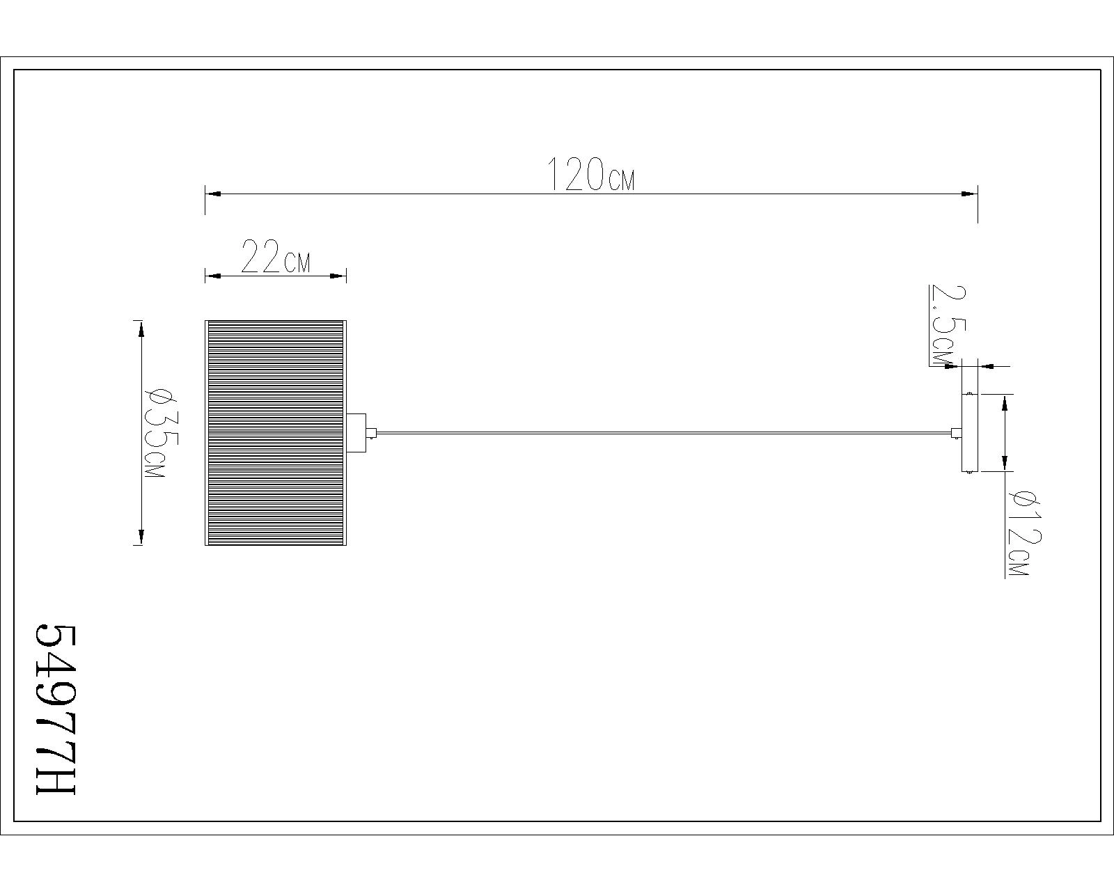 Technische Zeichnung der ALUMA Hängeleuchte von Globo Handels GmbH: Metall sandfarben matt, Textilschirm beige. Maße: Schirm Ø35 cm x H22 cm, Pendel 120 cm, Baldachin Ø12 cm x H2,5 cm. Artikelnummer 54977H.