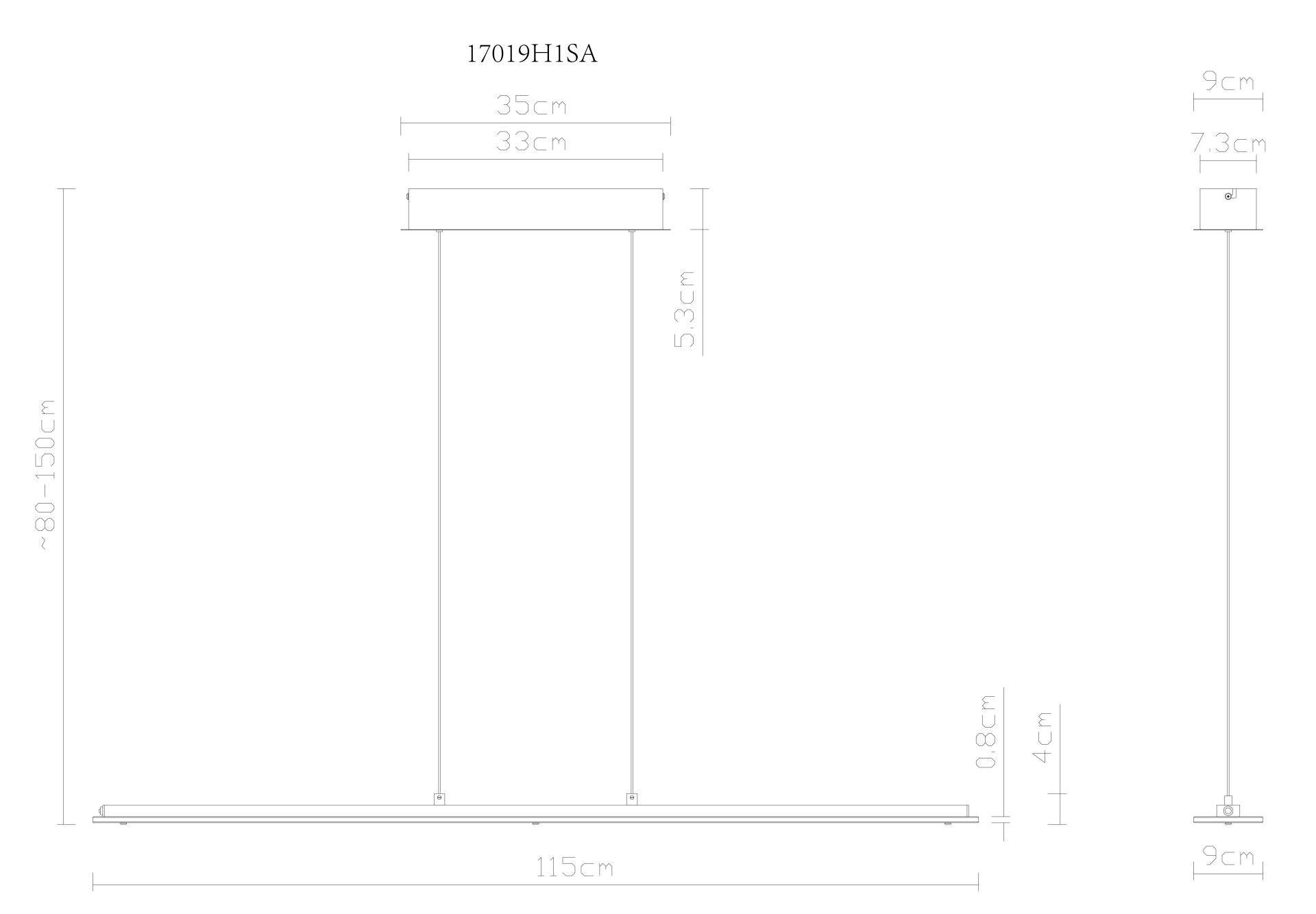 Technische Skizze der Hängeleuchte NOVAK von Globo Lighting: linearer Balken 115 cm in Sand, Glas klar/satiniert; Soft‑Lift höhenverstellbar ca. 80–150 cm; ideal über Esstisch/Kücheninsel; CCT 3000–6500 K, dimmbar per Touch.