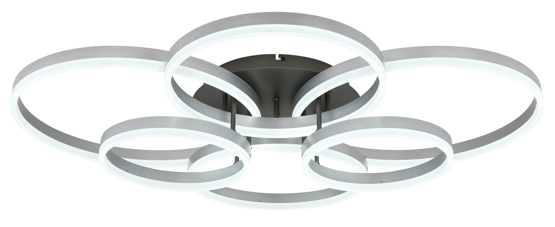 Moderne LED-Deckenleuchte ELORIA aus gebürstetem Aluminium mit ringförmigen Leuchtelementen, Produktfoto. Hersteller: Globo Handels GmbH, Modell 67385A-115.
