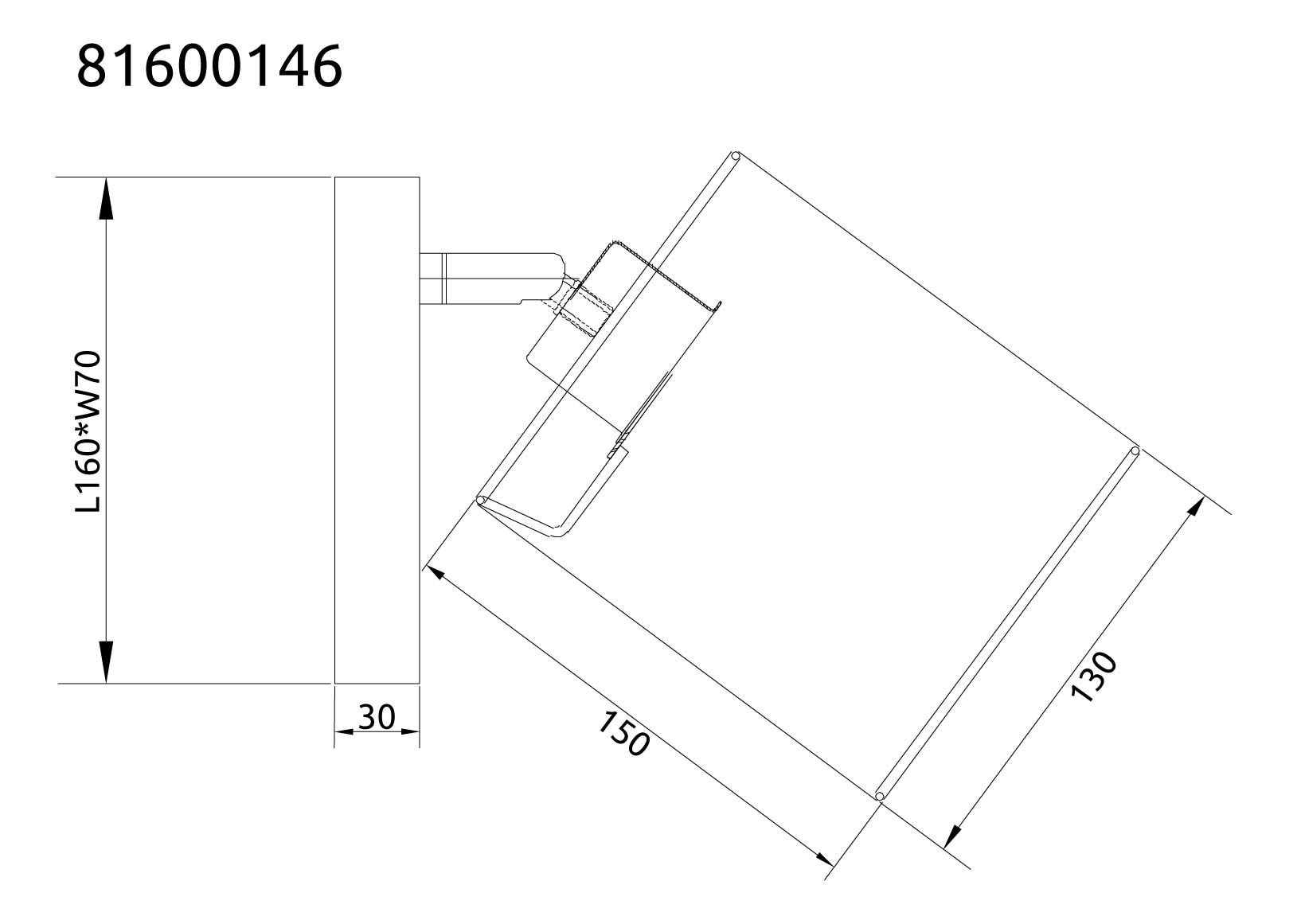 Maßzeichnung JULE Strahler aus Holz in Braun, Modell 81600146, Globo Handels GmbH: Wandplatte L160 x B70 mm, Spot ca. 150 x 130 mm – technische Skizze für Montage und Planung.