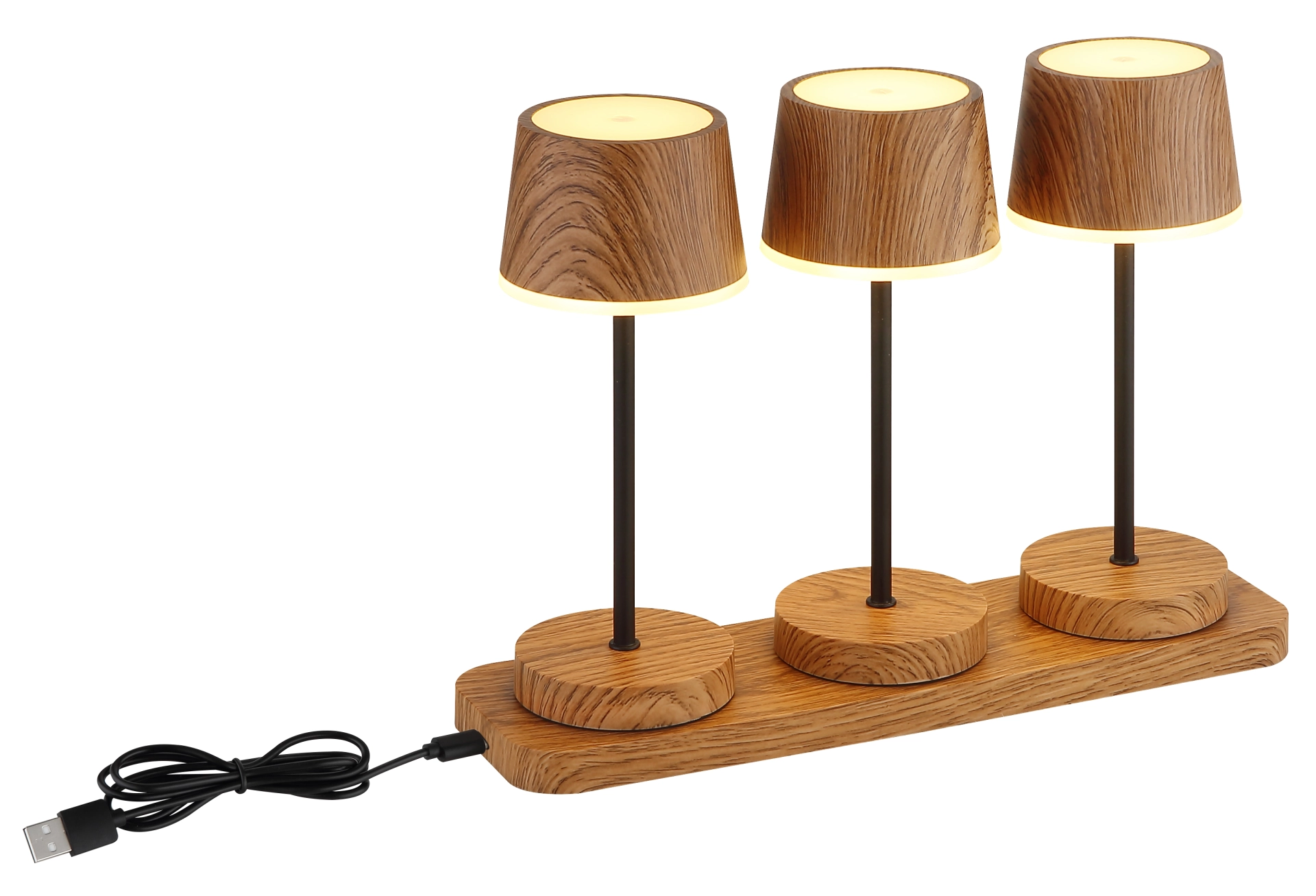 DAWSON Tischleuchte mit drei Lampenschirmen in Dunkelholz-Optik, Metallstielen und Holzbasis, USB-Kabel inklusive