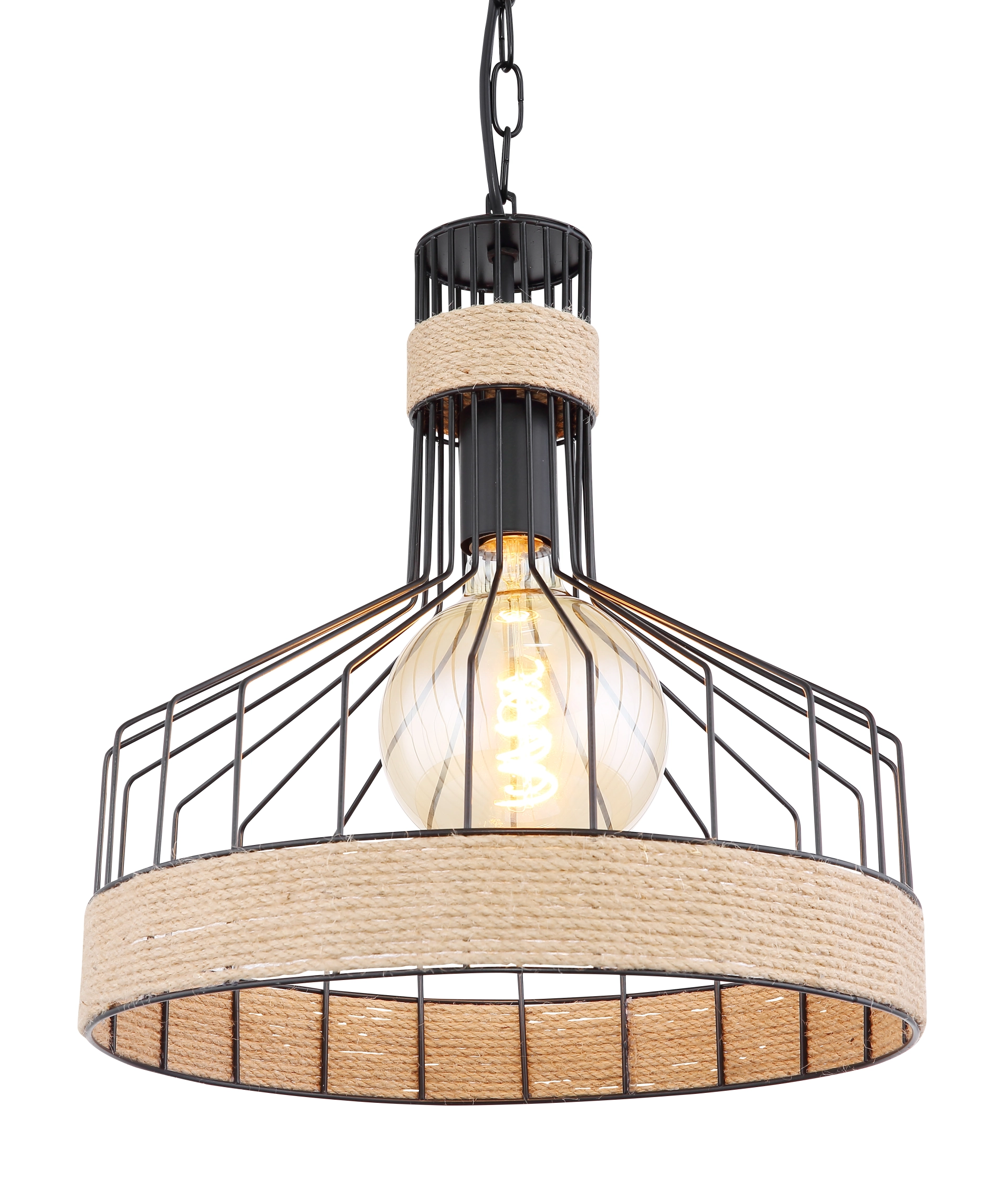 Produktfoto HALIA Hängeleuchte von Globo Handels GmbH: schwarzer Drahtkäfig-Schirm Ø35 cm mit umwickeltem Hanfseil, sichtbares E27-Leuchtmittel, Gesamtlänge 135 cm, LED-geeignet, Modell 15675H1, Farbe schwarz matt/braun
