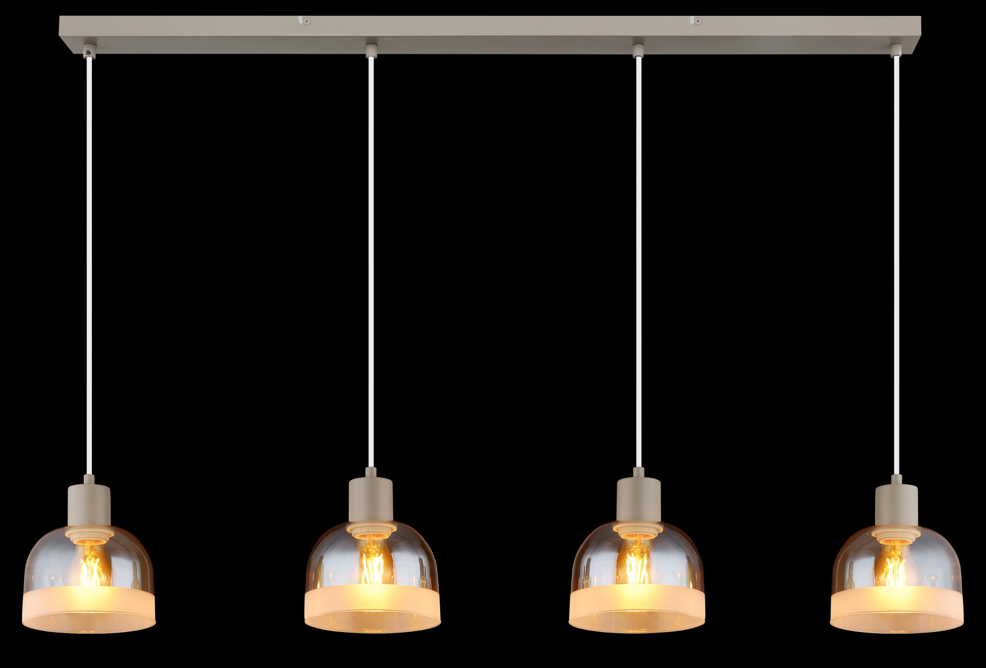 Produktfoto: KAIRO 4-flammige Pendelleuchte mit rechteckiger Deckenleiste, Metall sandfarben matt und Schirmen aus Glas amber, warmes Licht; Hersteller Globo Handels GmbH, Modellnummer 54048-4HSA.