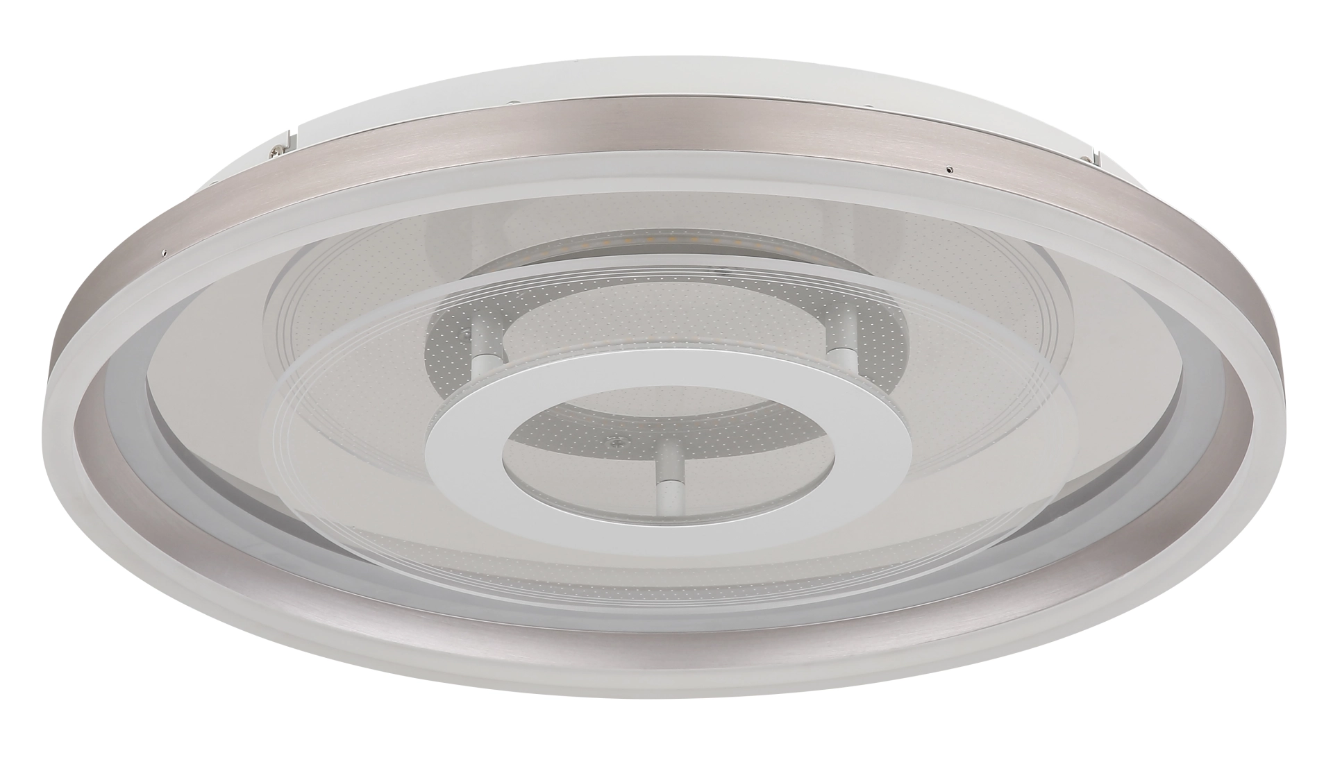 Runde LED-Deckenleuchte ADELA aus gebürstetem Aluminium mit opalem Acryl-Diffusor und Ringdesign, Produkt 48573-30 von Globo Handels GmbH; moderne, flache Aufbauleuchte