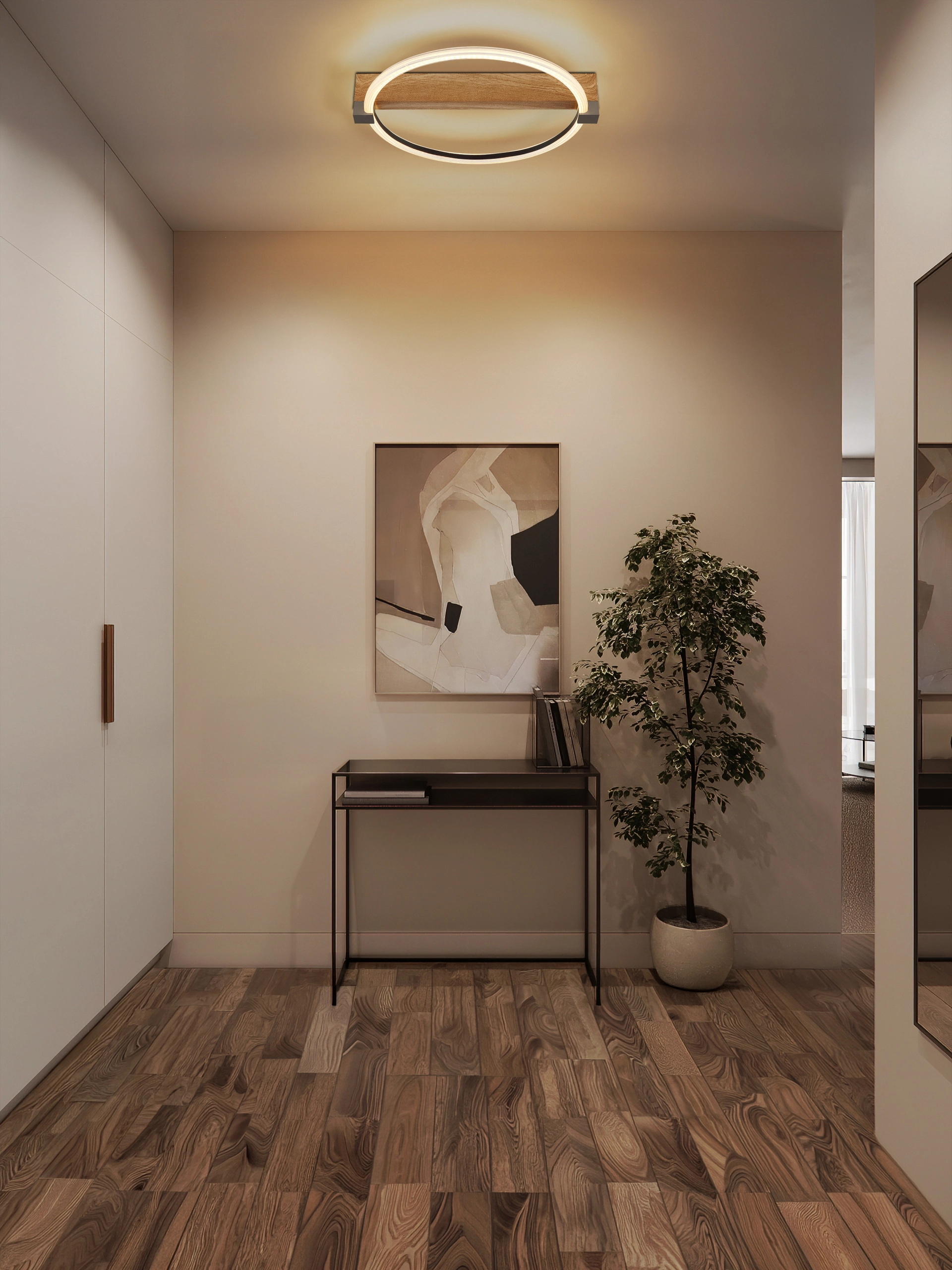 Plafonnier LED moderne FLETCHER au design anneau, effet bois foncé, métal et plastique transparent; lumière chaude et économe pour salon, chambre ou couloir. Fabricant : Globo Handels GmbH, modèle 48050D.