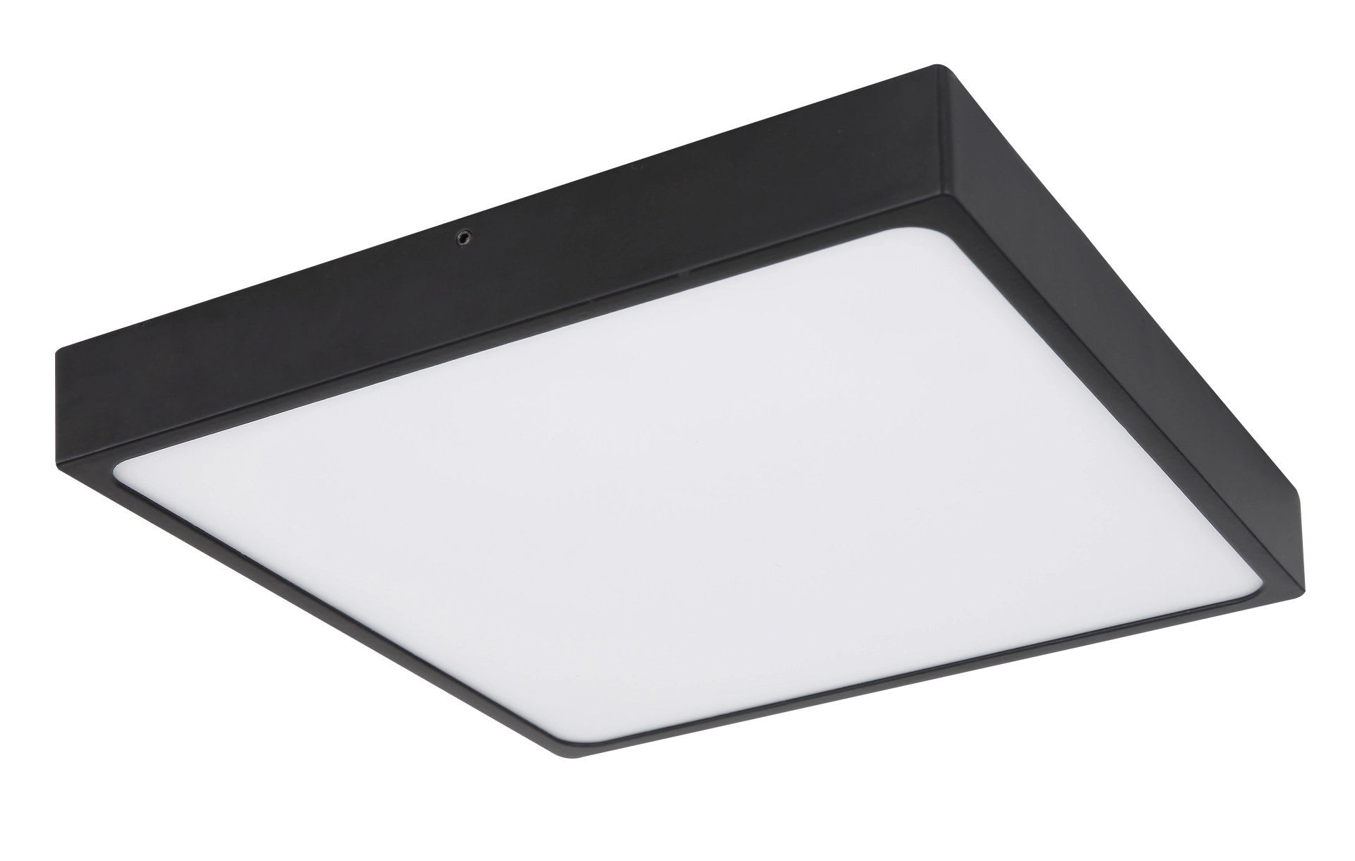 Quadratische Deckenleuchte ECHO von Globo Handels GmbH, 220x220 mm, matt schwarzes Gehäuse mit satiniertem Acryl-Diffusor; dimmbar für weiches warmweißes Licht, schlichtes elegantes Design – Produktabbildung Modell 12369-30.