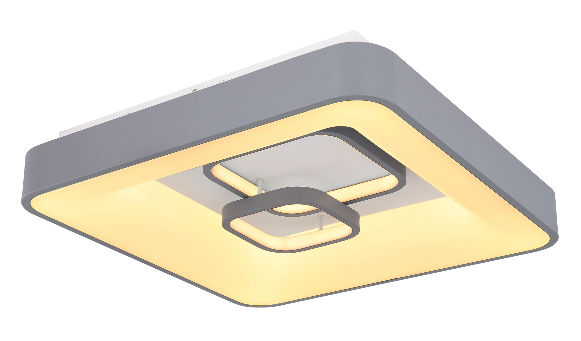 Quadratische LED-Deckenleuchte MAVY, 50x50 cm, grau, Metall/Acryl, mit innenliegendem Doppelframes-Design; 1900 lm, dimmbar, 3000–6000 K, Fernbedienung und Memory-Funktion; Hersteller Globo Handels GmbH, Modell 48416-50