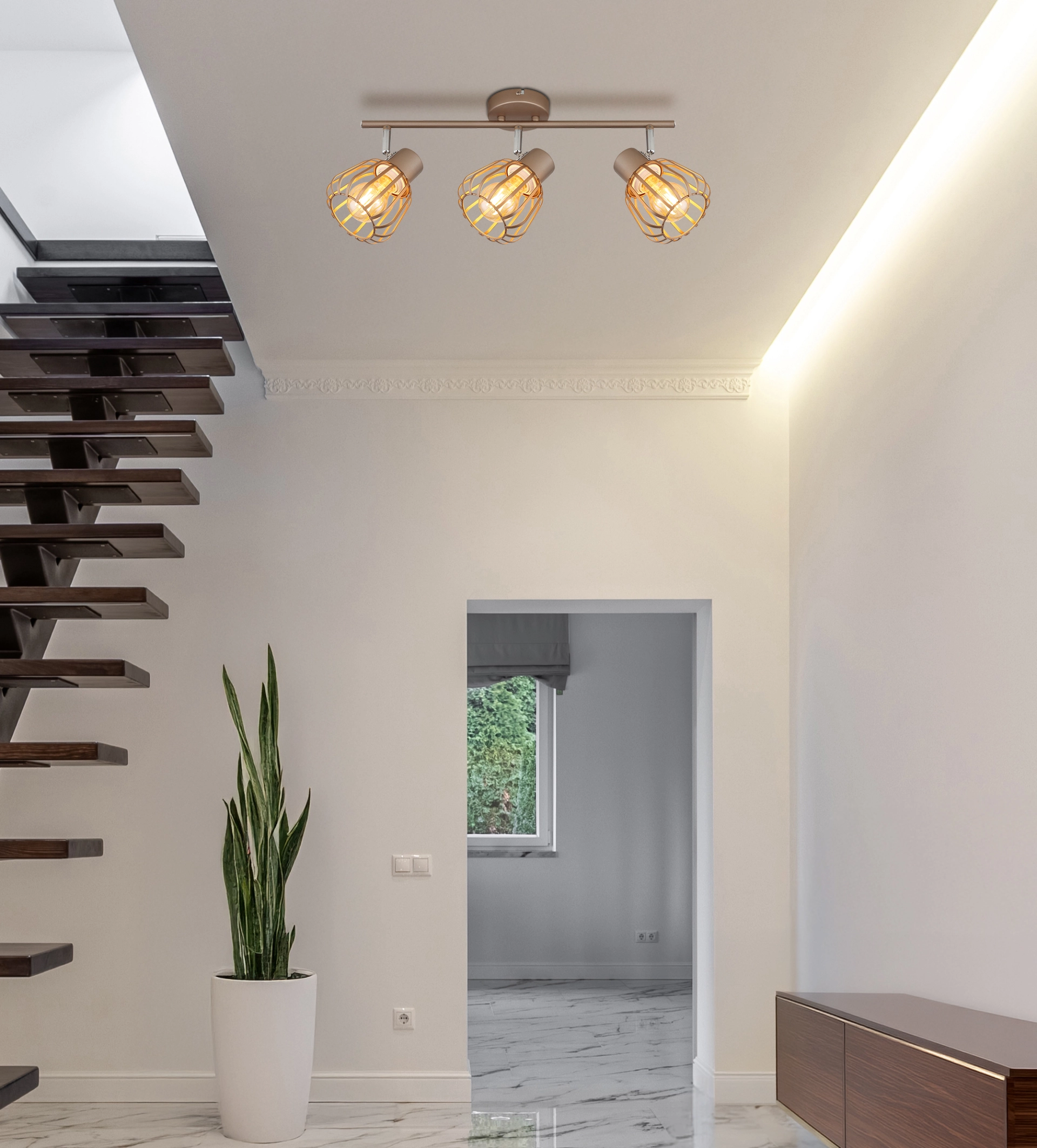 Dreiflammiger Deckenstrahler OLIN auf gerader Schiene, kaffeefarben matt, verchromte Akzente, Metallgeflecht-Schirme; stilvolle Lichtlösung für moderne und klassische Wohnräume – Globo Handels GmbH, Modell 54663-3