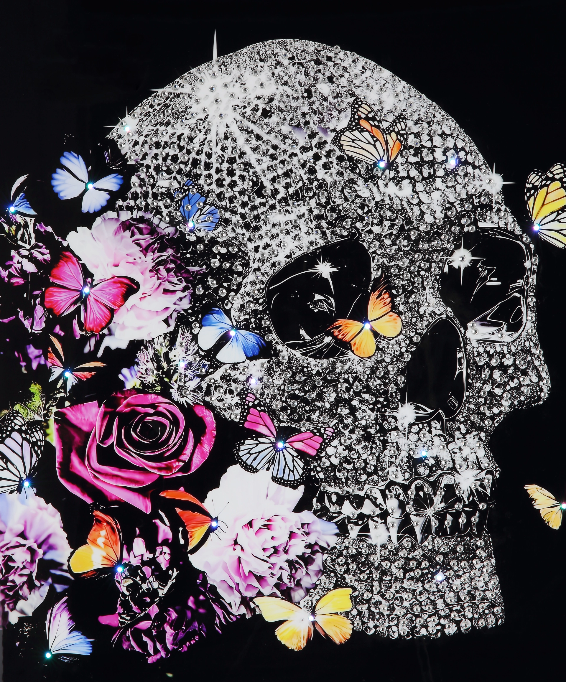 CAPRA Wandleuchte von Globo Handels GmbH (Art.-Nr. 25203), Aluminium gebürstet mit bunter MDF-Front; leuchtendes Motiv zeigt glitzernden Schädel aus Steinen, umgeben von Blumen und farbigen Schmetterlingen auf schwarzem Hintergrund