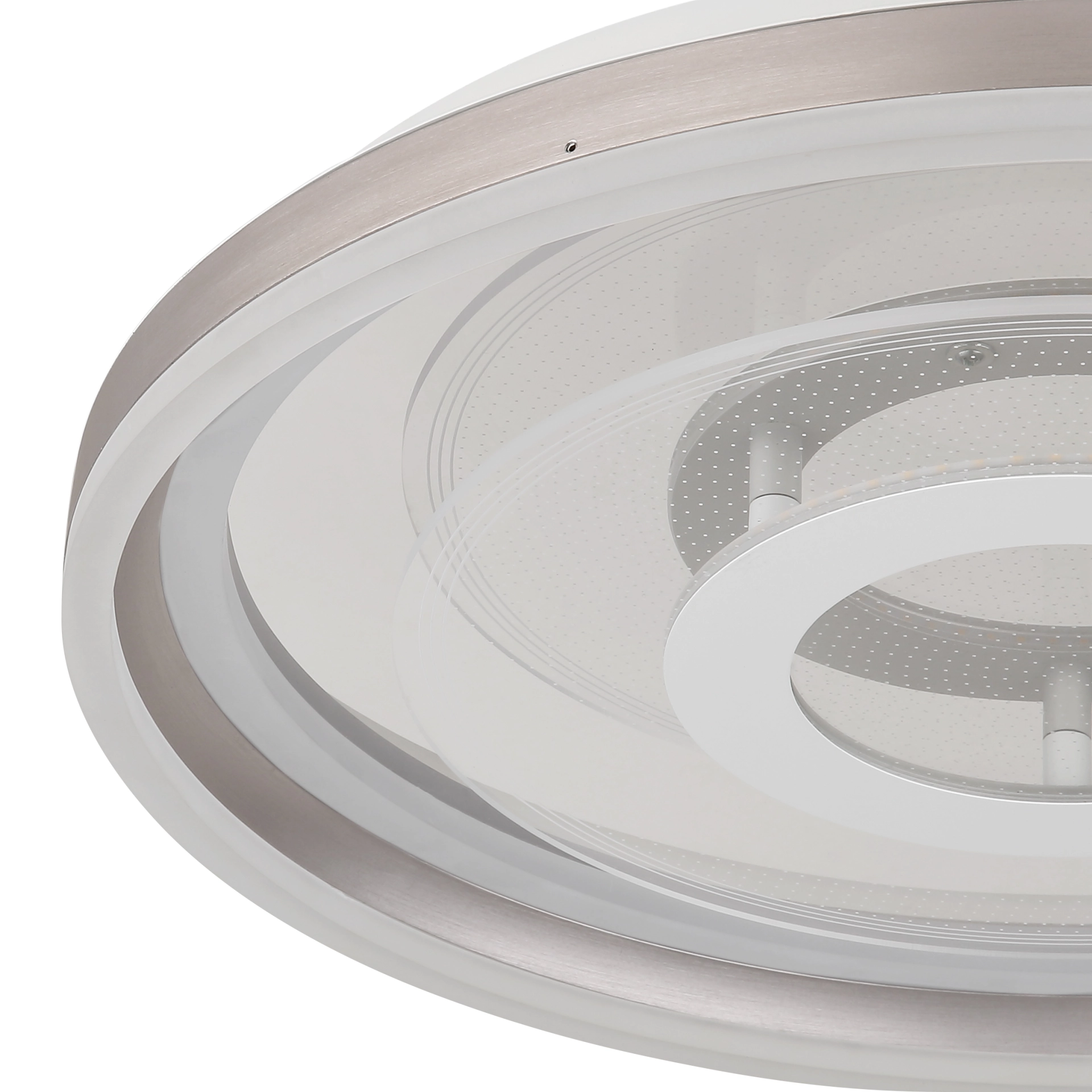 ADELA Deckenleuchte, Nahaufnahme: runde LED-Deckenlampe aus gebürstetem Aluminium mit opalem Acryl-Diffusor und Innenring; Hersteller Globo Handels GmbH, Modell 48573-30