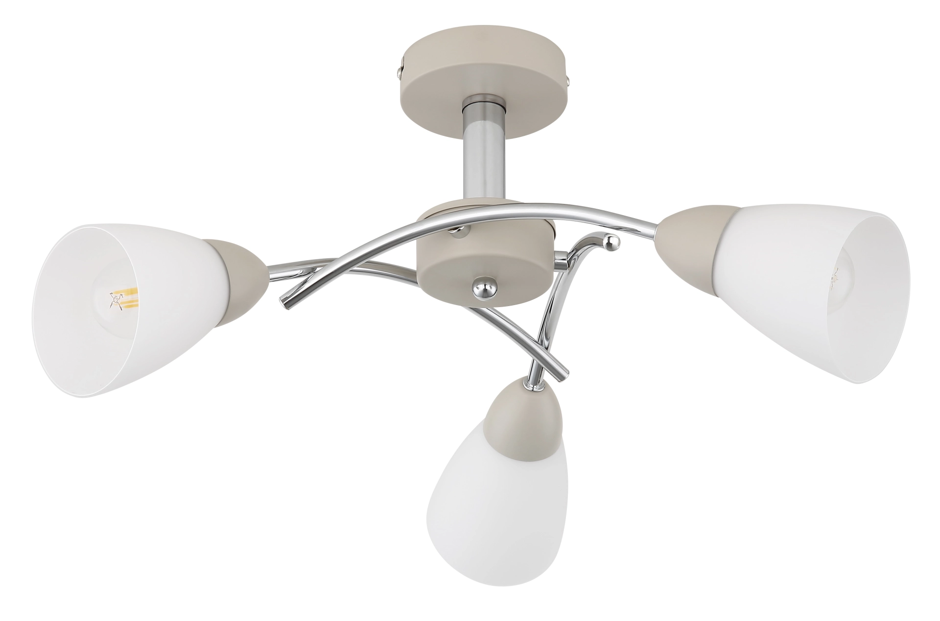Produktfoto: Deckenleuchte PAULA von Globo Handels GmbH, 3-flammig, gebogener Chrom-Korpus, Schirme aus opalem Glas, Metall sandfarben matt, Modell 61800343 – moderne Innenbeleuchtung für Wohn- und Esszimmer