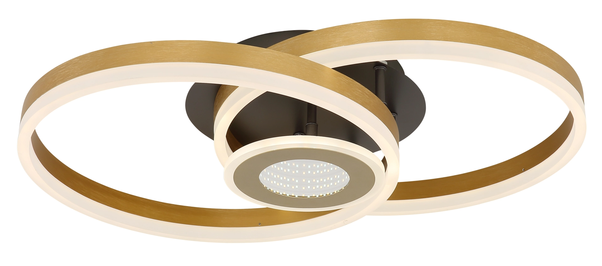 Produktfoto: ELORIA LED-Deckenleuchte mit zwei überlappenden Leuchtringen, Aluminium schwarz matt gebürstet und goldfarben gebürstet; Hersteller Globo Handels GmbH, Artikel 67385-42