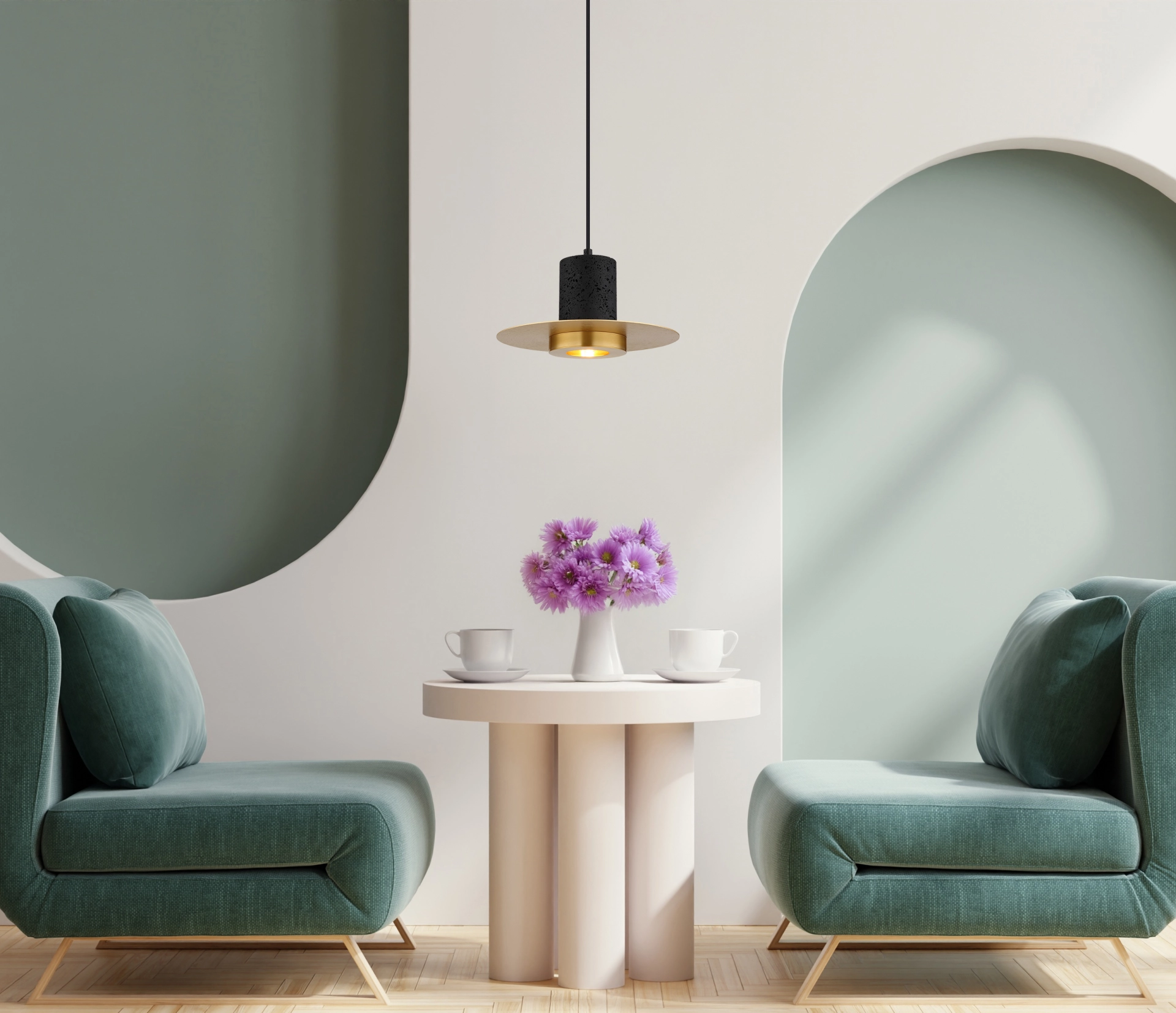Hängeleuchte SHANNA von Globo Handels GmbH über rundem Tisch: kompakte Pendelleuchte im Vintage-Look mit schwarzem Travertin-Zylinder, flacher Messing-Scheibe und mattschwarzem Korpus; E27-Fassung, stimmungsvolles Licht für Küche oder Essbereich.