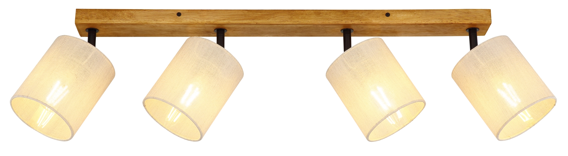 Produktabbildung des Deckenstrahlers JULE: 4-flammig, Holzleiste in Braun, schwarze Arme, zylindrische beige Textilschirme mit warmweißem Licht; Hersteller Globo Handels GmbH, Artikelnummer 81600446