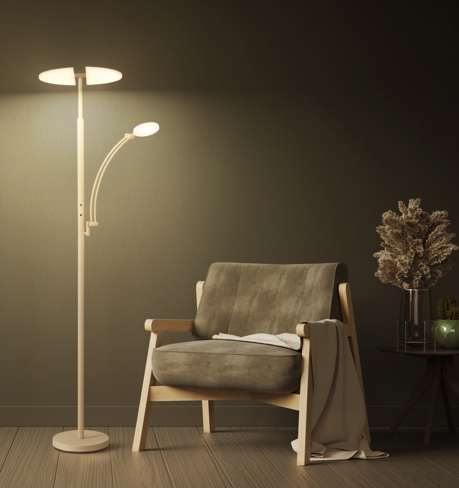 Produktbild: Deckenfluter TIRANA in Sandton, schlanker Korpus mit drehbarem Fluter und flexiblem Leselicht neben Sessel; stufenlos per Touch dimmbar, CCT 2700–6000K, Memory-Funktion. Für Wohn-, Schlaf- und Arbeitszimmer. Hersteller: Globo Handels GmbH