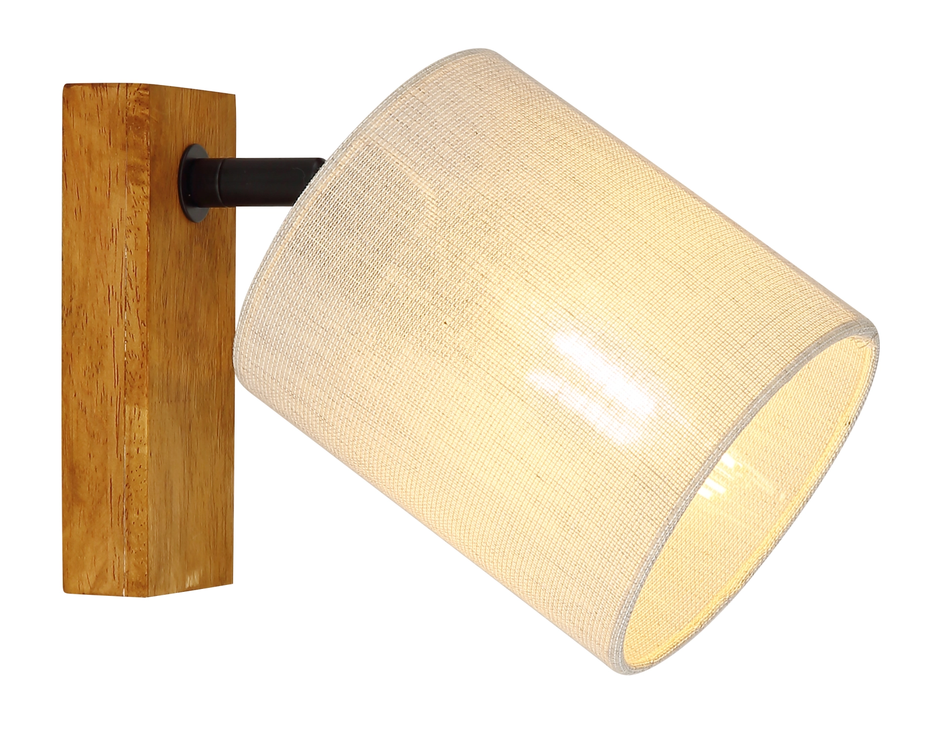 Verstellbarer Wandstrahler JULE aus Holz in Braun mit hellem Textilschirm, warmweißes Licht; Hersteller Globo Handels GmbH, Artikel 81600146 – ideal für Wohn- und Flurbereich.
