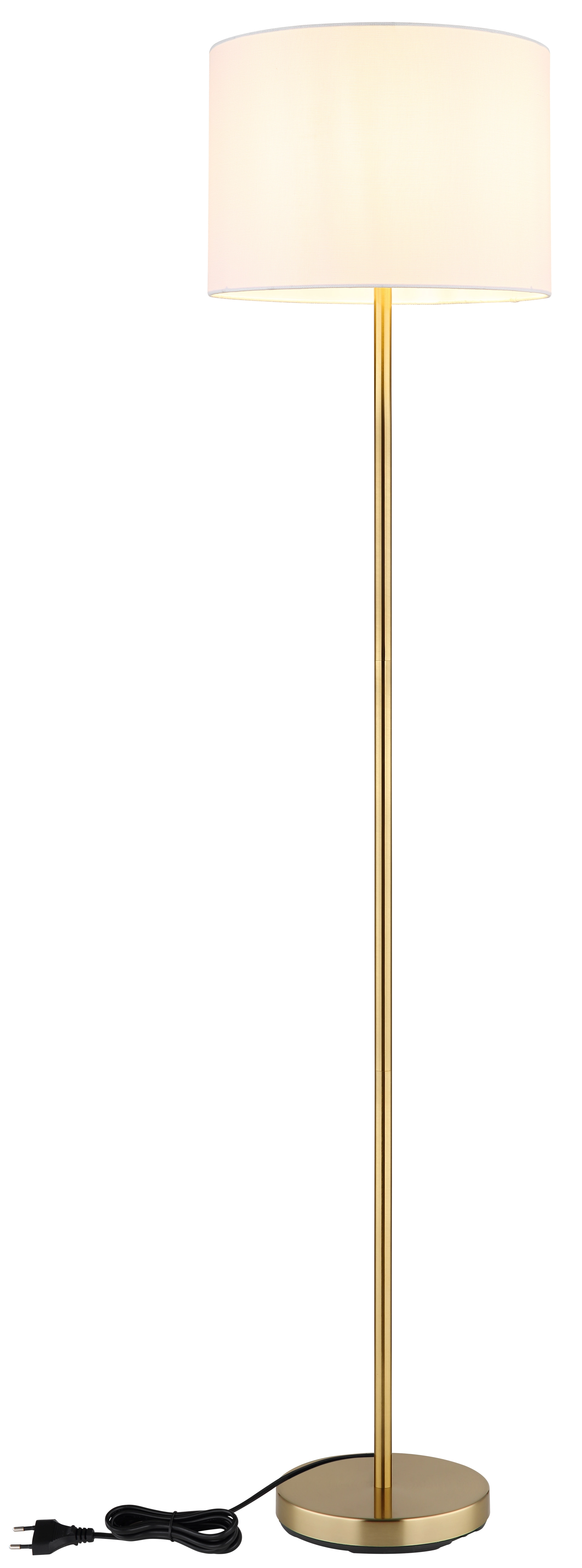 TRUETT Stehleuchte mit goldmessingfarbener Stange, matte Oberfläche, weißer Leinenlampenschirm, runde Bodenplatte und sichtbar kabelgebundene Stromversorgung.
