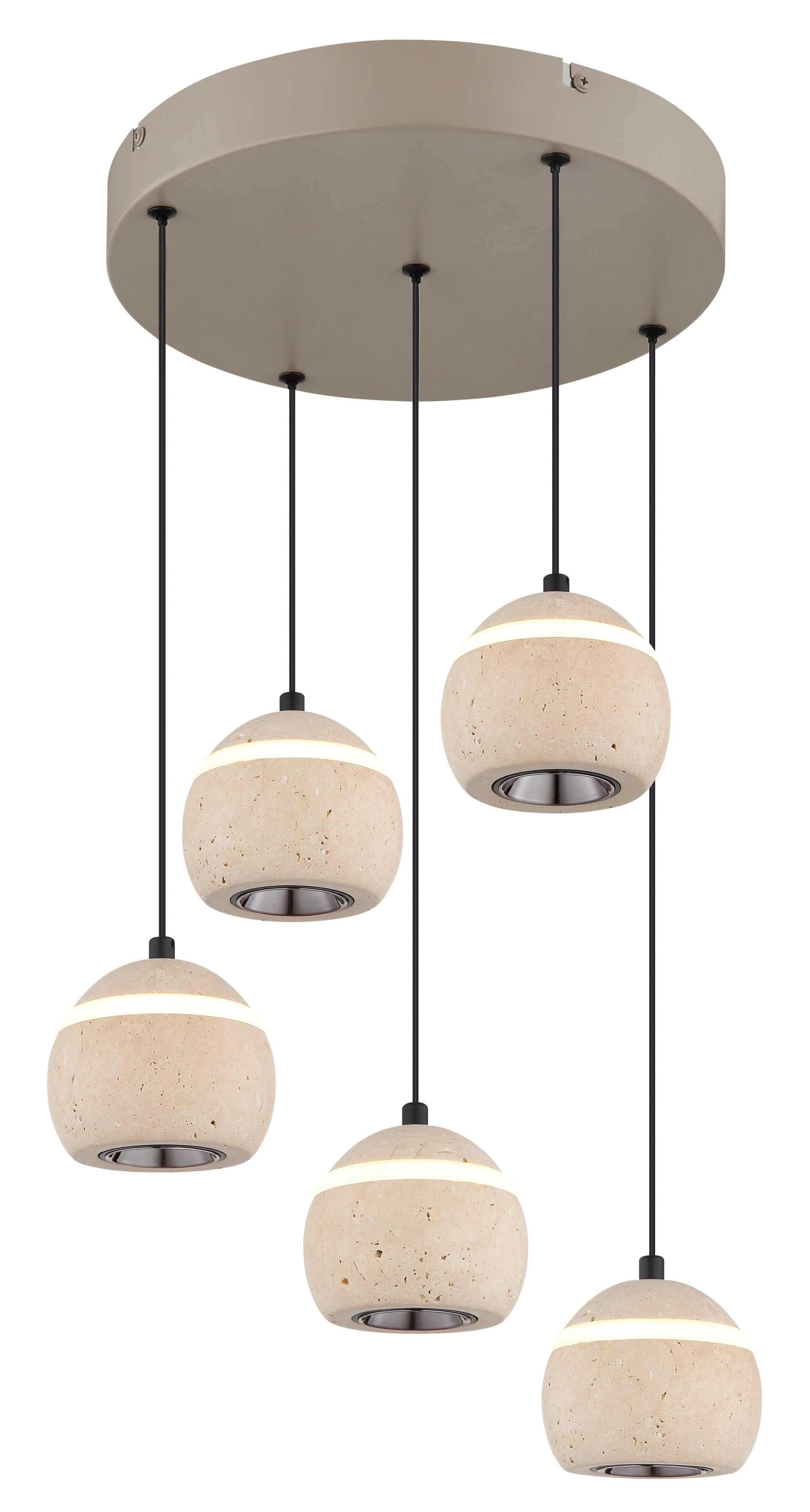 EVARA Pendelleuchte 5-flammig mit rundem Baldachin, sandfarben mattem Metall und naturfarbenen Travertin-Schirmen; Hersteller Globo Handels GmbH; Artikel 16067-5R – stilvolle Deckenlampe für Ess- und Wohnbereich