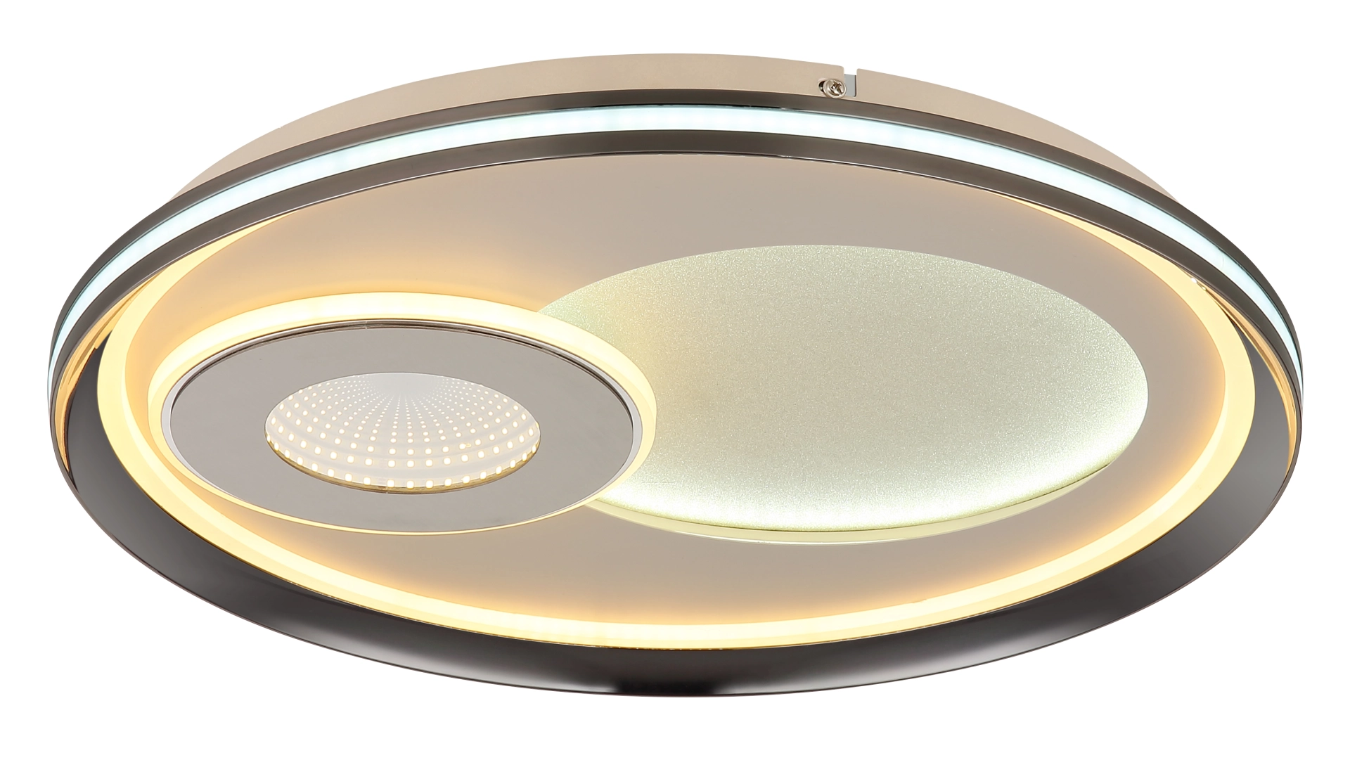 Runde LED-Deckenleuchte JUTA aus sandfarben mattem Metall mit champagnerfarbenen Acrylkristallen (Modell 48572-36) von Globo Handels GmbH; moderne Kreisoptik, Lichtband und kristallbesetztes Zentrum