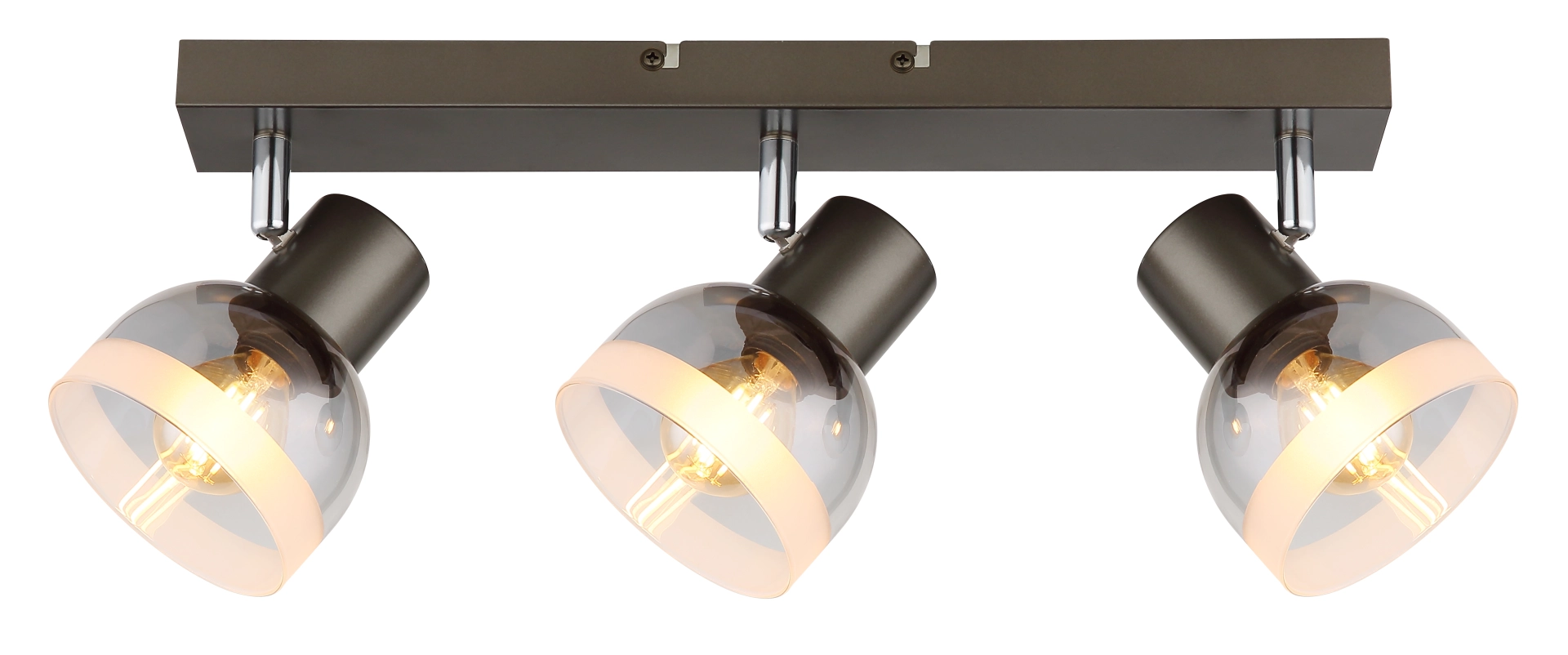 KAIRO Deckenstrahler, 3-flammig, Metall schwarz-chrom matt mit rauchfarbenen Glas-Schirmen, auf rechteckiger Schiene montiert; Modell 54048-3 von Globo Handels GmbH