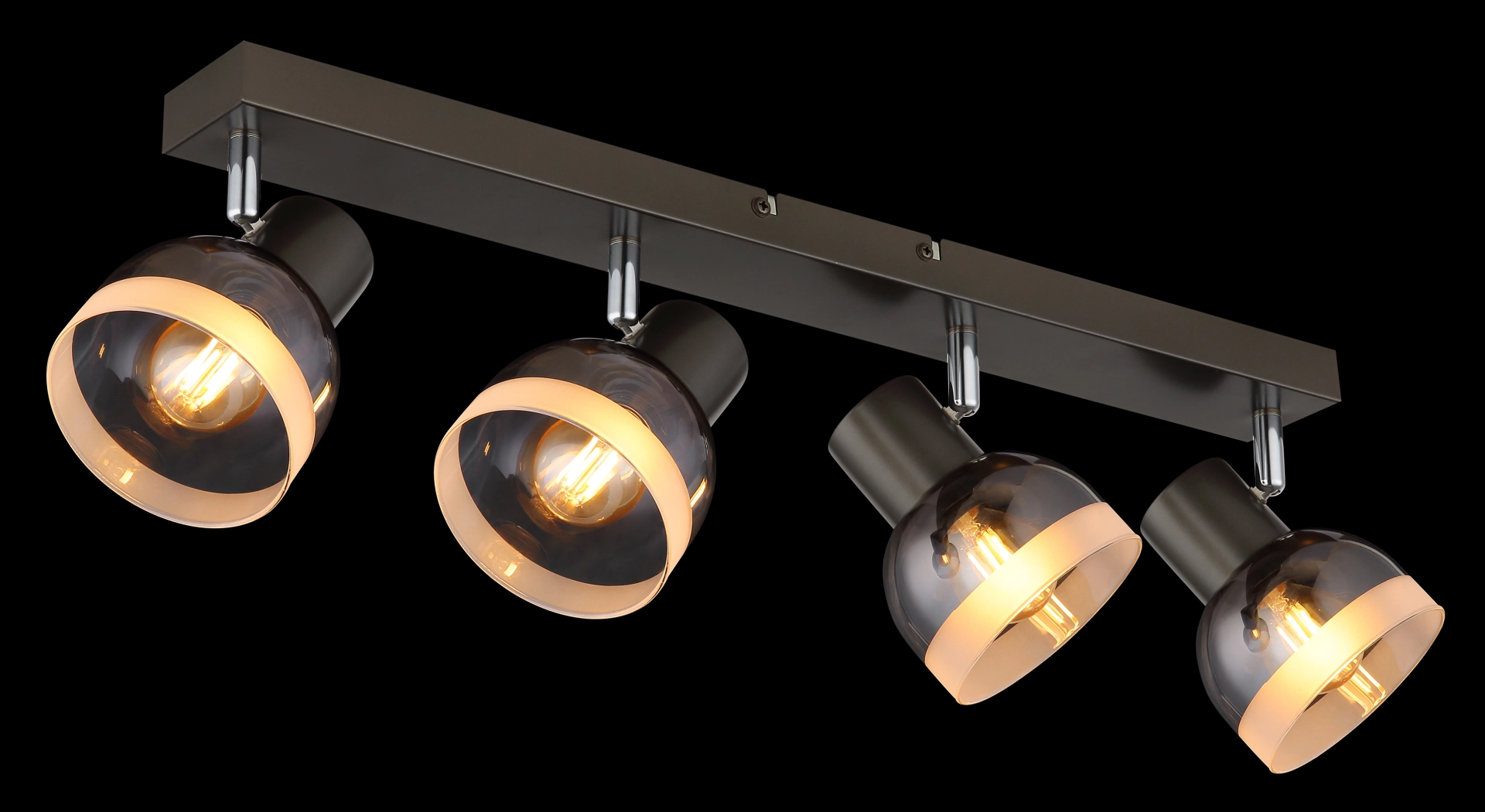 Produktbild: KAIRO Deckenstrahler 4-flammig aus Metall schwarz-chrom matt mit rauchfarbenen Glas-Schirmen, dreh- und schwenkbar – Hersteller Globo Handels GmbH, Art.-Nr. 54048-4