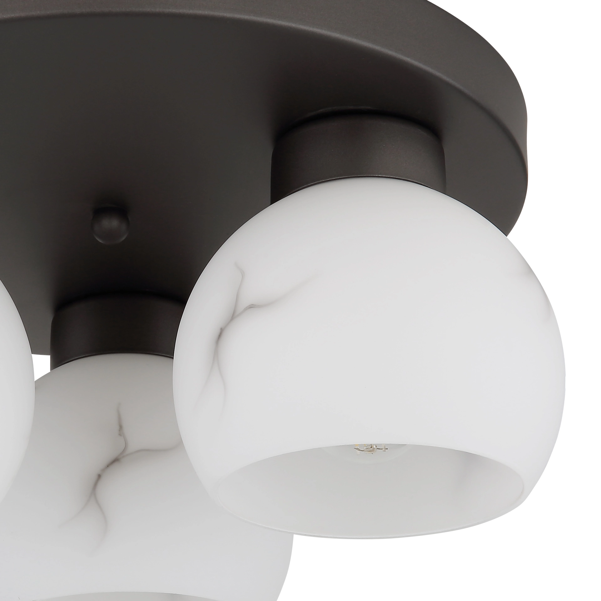Detailansicht RAGUSA Deckenleuchte: runde Deckenbasis aus Metall schwarz-chrom matt mit opalen Glaskugeln; Globo Handels GmbH, Modell 15999M-3D – elegante Wohnraumbeleuchtung