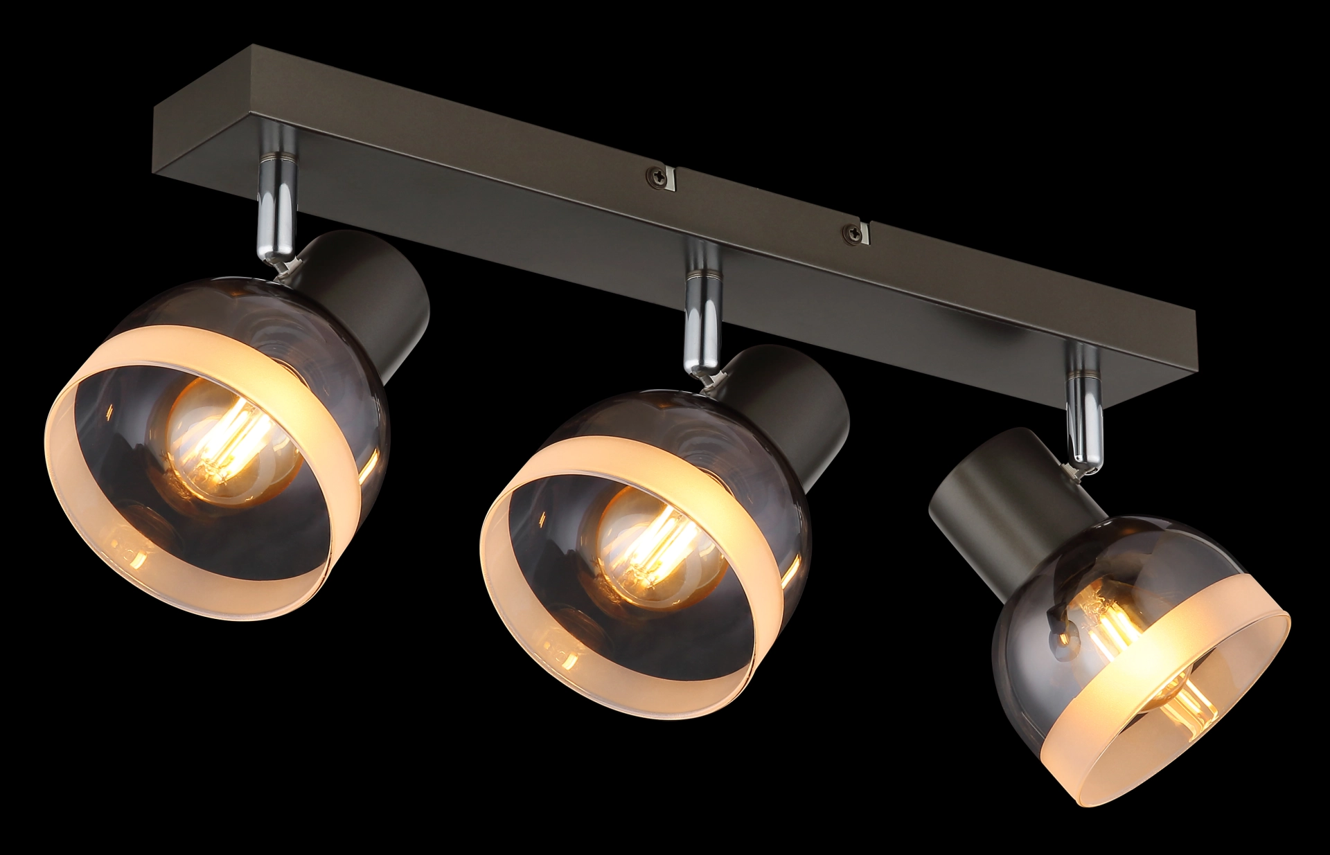 KAIRO Deckenstrahler 3-flammig mit verstellbaren Spots, Metall schwarz-chrom matt und rauchfarbenem Glas; warmes Licht; Hersteller Globo Handels GmbH; Artikelnummer 54048-3; Produktfoto für modernes Innenlicht
