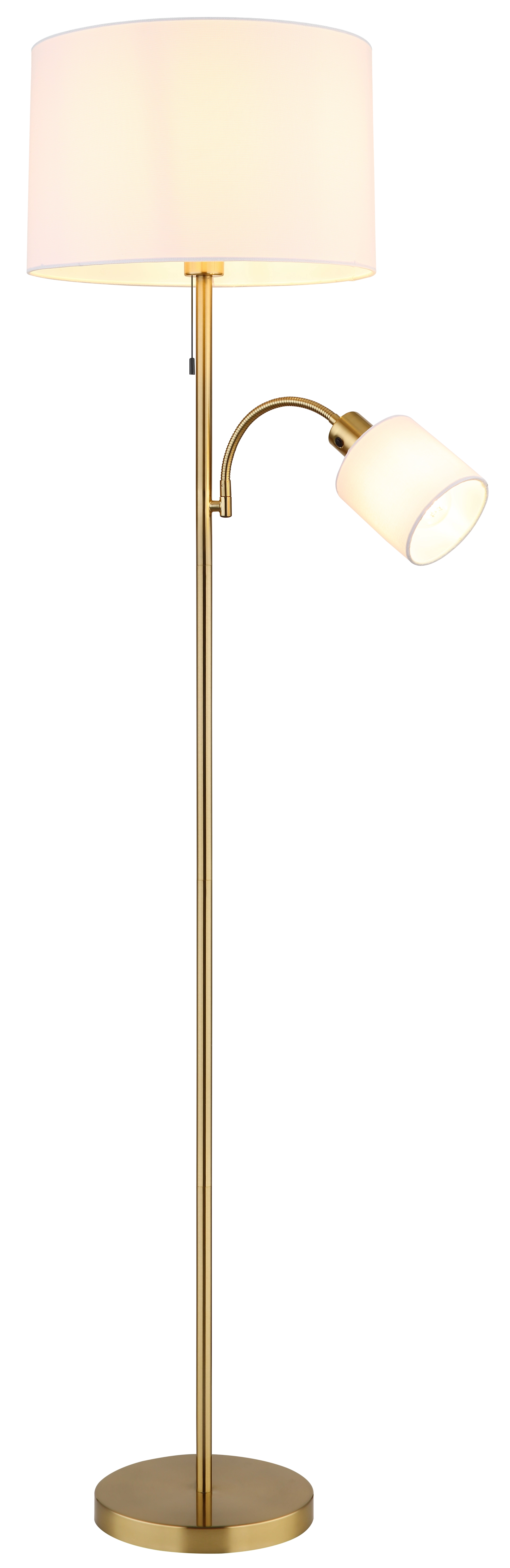 TRUETT Stehleuchte aus messingfarbenem Metall mit mattierter Oberfläche, weißem Leinen-Schirm und verstellbarem Spot von Globo Handels GmbH.