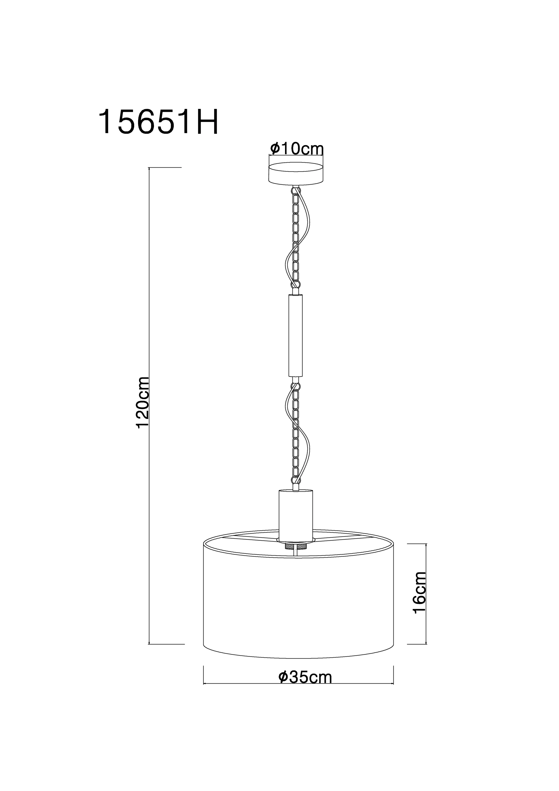 Technische Zeichnung: Globo RIELLY Hängeleuchte, Metall schwarz matt mit goldenem Schirminneren, E27 bis 60W; Maße: Ø35 cm, Schirmhöhe 16 cm, Abhängung 120 cm, Baldachin Ø10 cm – Artikel 15651H