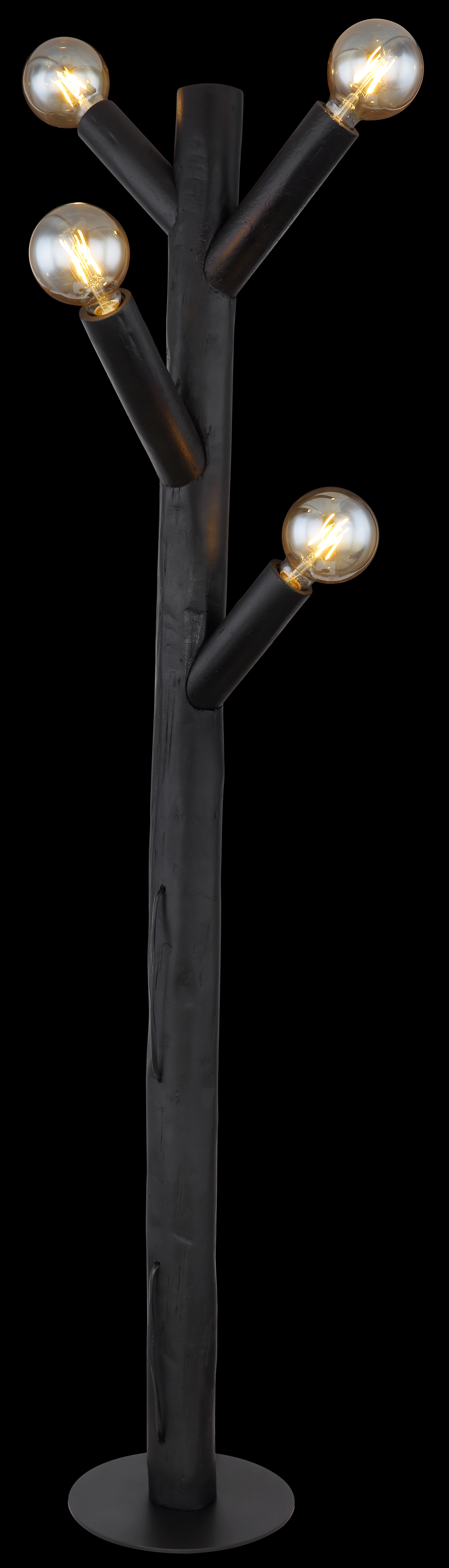 Produktfoto der Stehleuchte RAY von Globo Handels GmbH (Modell 15441S1B): 4-flammige Standlampe in Baumoptik, ca. 150 cm, matt-schwarzes Metall mit schwarzem Holzstab, vier E27-Fassungen an Verästelungen, runder Standfuß, Schalter zum Ein/Aus.