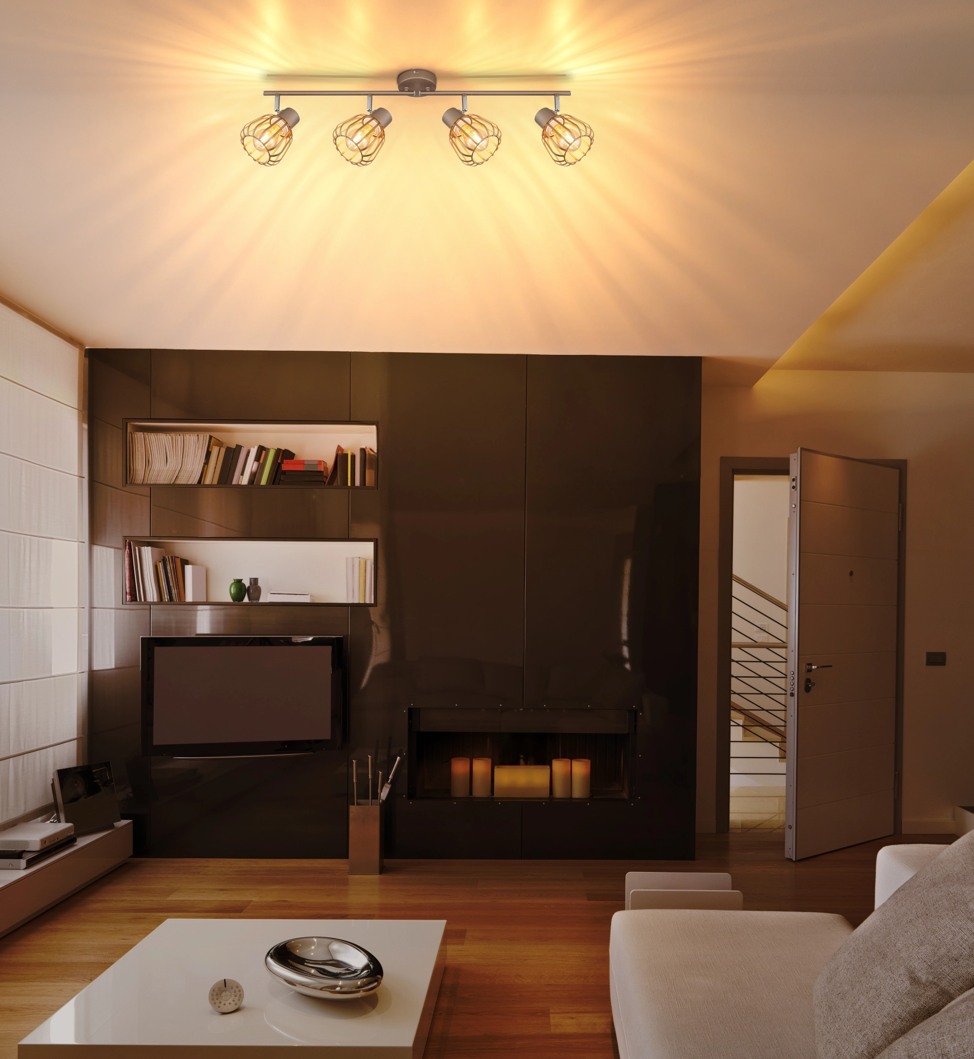 OLIN ceiling spotlight by Globo, 4 adjustable heads on a straight bar, matt coffee metal with chrome accents and metal mesh shades, creates modern light and shadow effects, model 54663-4