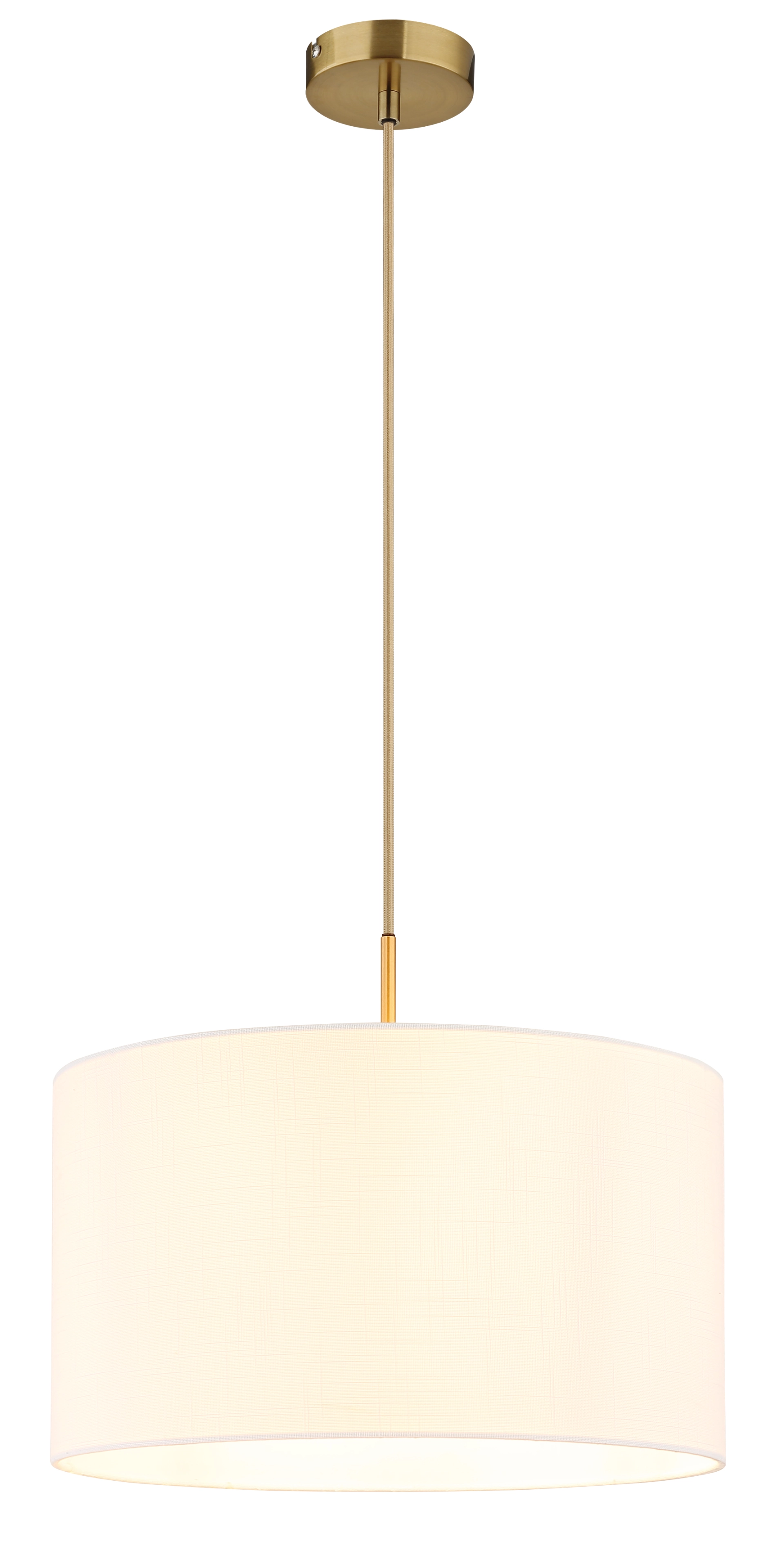 Hängeleuchte TRUETT mit messingfarbenem, matten Metallkorpus und weißem Leinen-Lampenschirm; Kabel in Creme, Deckenhalter in Goldtone; Hersteller Globo Handels GmbH