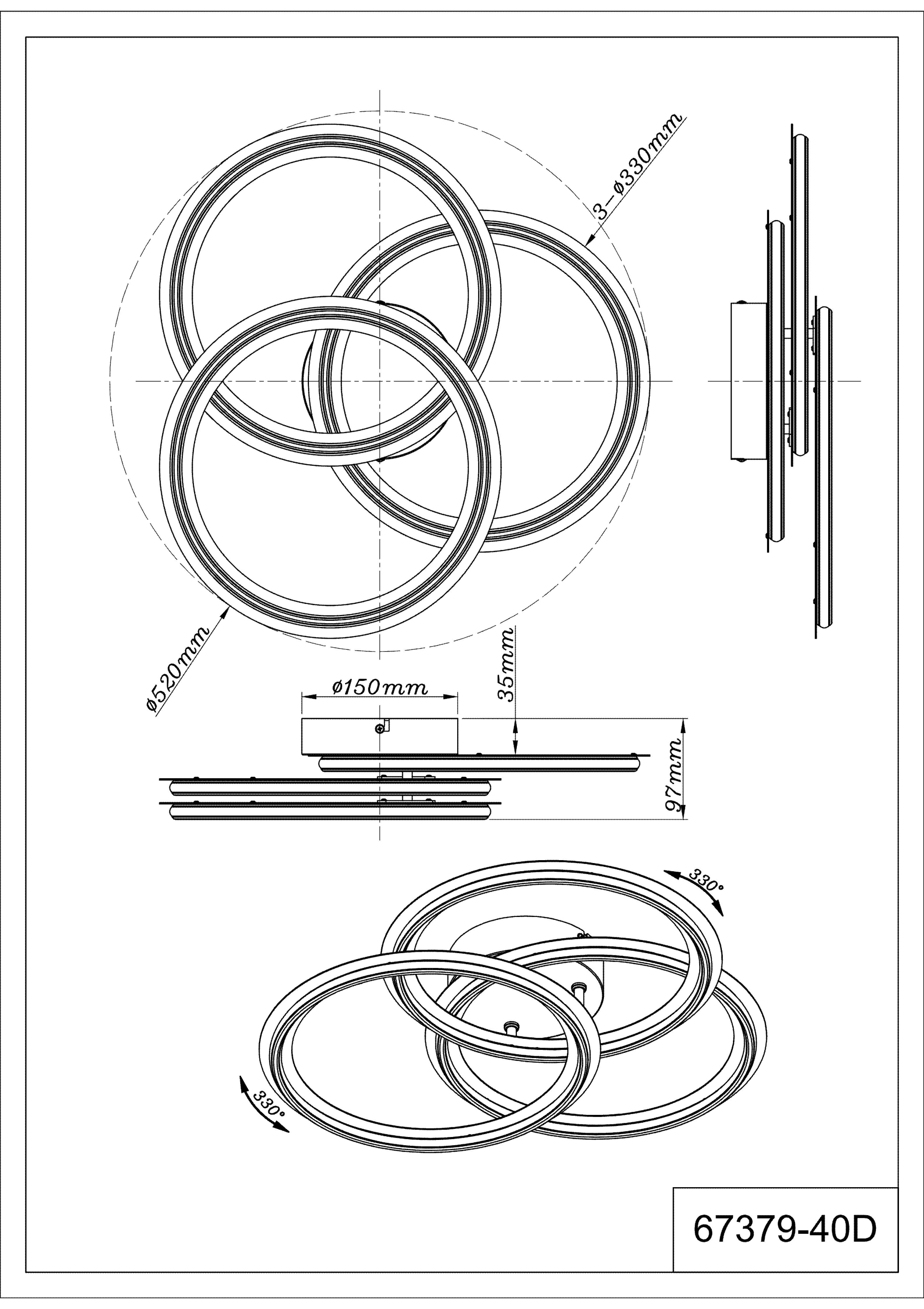 Technische Zeichnung der ELAN Deckenleuchte von Globo Handels GmbH: drei ringförmige Elemente, Metall/Aluminium schwarz-chrom matt; Maße u. a. Ø520/Ø390 mm, Baldachin Ø150 mm, Höhe ca. 97 mm; Modell 67379-40D.