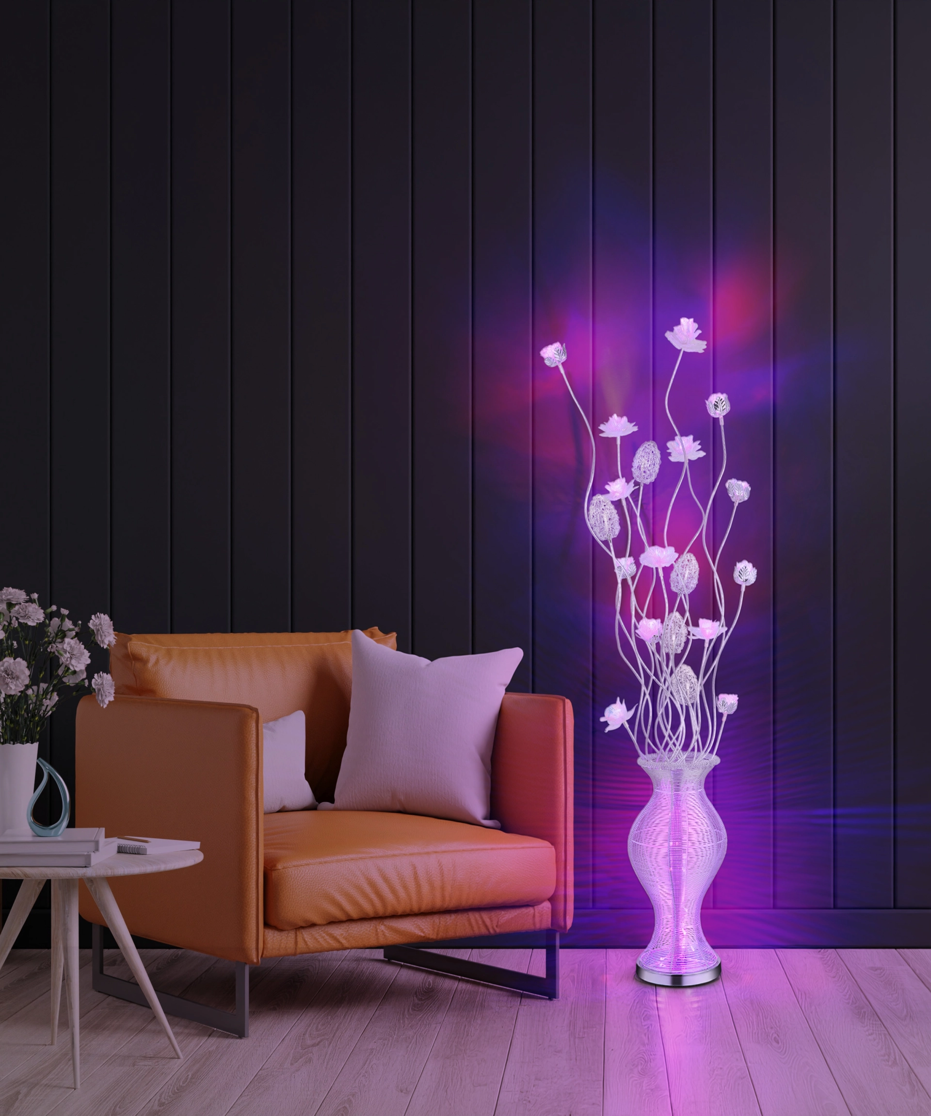 Image produit : lampadaire FLORIELLE, Globo Handels GmbH, aluminium argenté et plastique clair, modèle 21100S – lampe sur pied LED élégante à fleurs, éclairage d’ambiance pour le salon.
